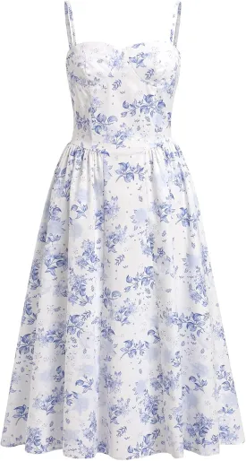 OBEEII Women Corset Dress Floral Bustier Midi Dress Flowy Spaghetti Straps Low Cut Summer Sun Dress