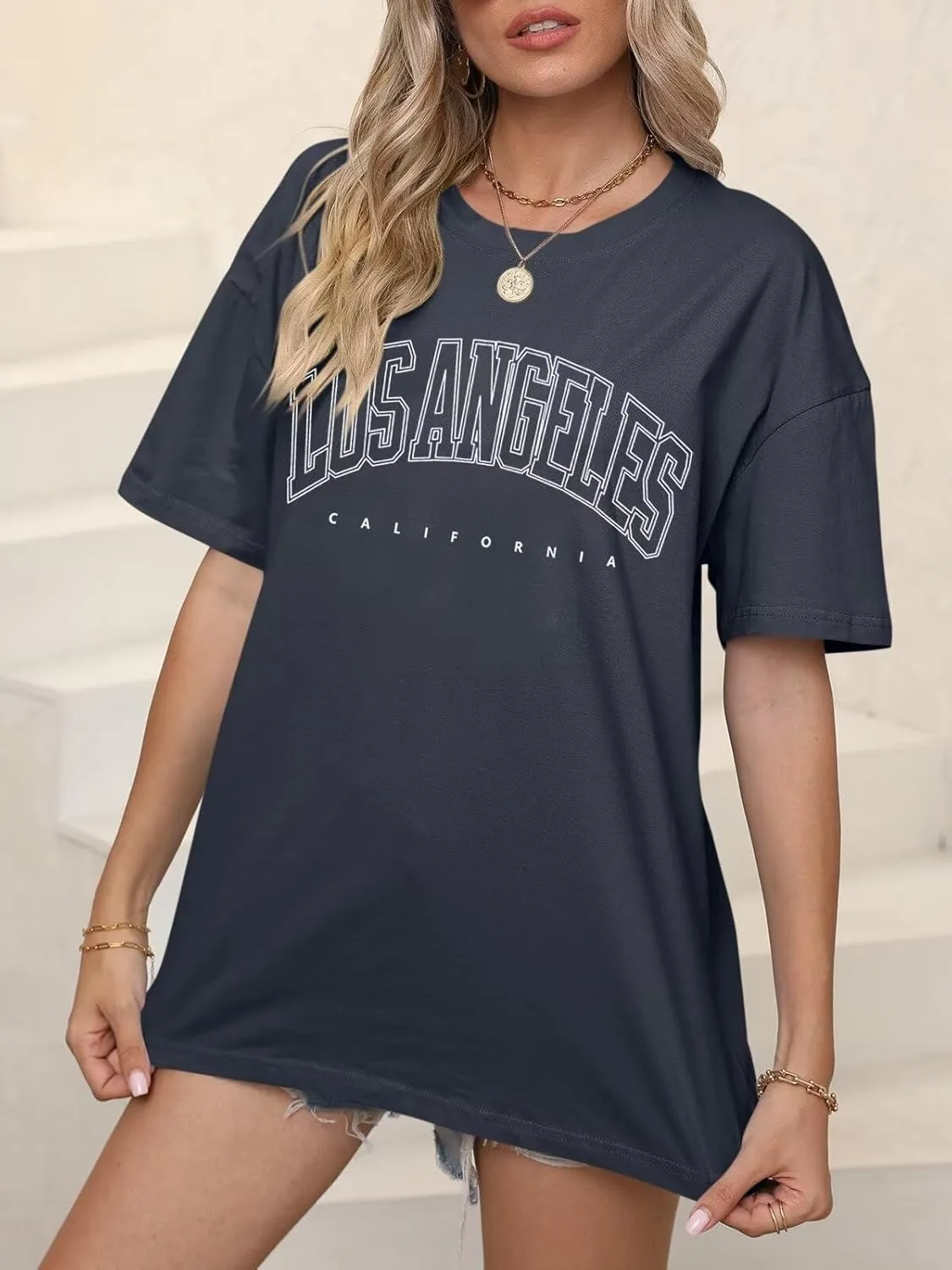 ORANDESIGNE Womens Oversized Graphic Print Short Sleeve Tunic Tops Crew Neck Casual Drop Shoulder T Shirts