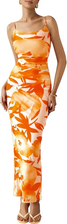 PRETTYGARDEN Women's Floral Maxi Dress 2025 Summer Spaghetti Strap Ruched Mesh Bodycon Wedding Guest Beach Party Long Dresses