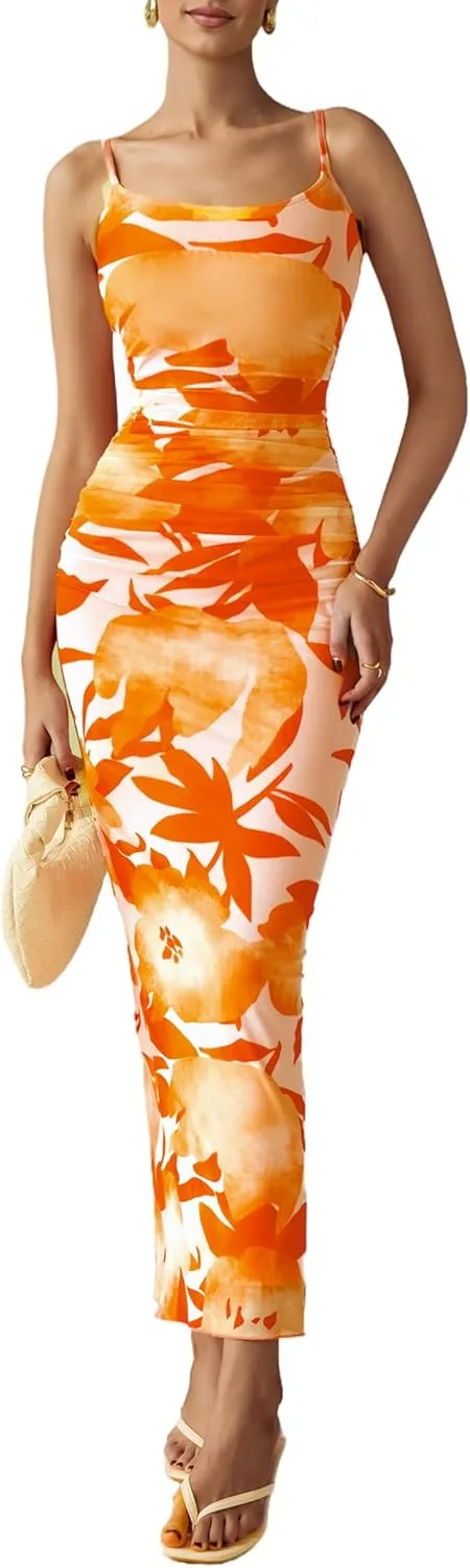 PRETTYGARDEN Women's Floral Maxi Dress 2025 Summer Spaghetti Strap Ruched Mesh Bodycon Wedding Guest Beach Party Long Dresses