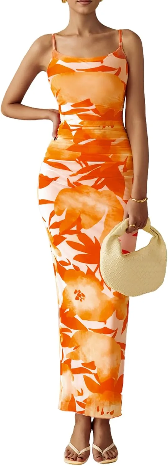 PRETTYGARDEN Women's Floral Maxi Dress 2025 Summer Spaghetti Strap Ruched Mesh Bodycon Wedding Guest Beach Party Long Dresses