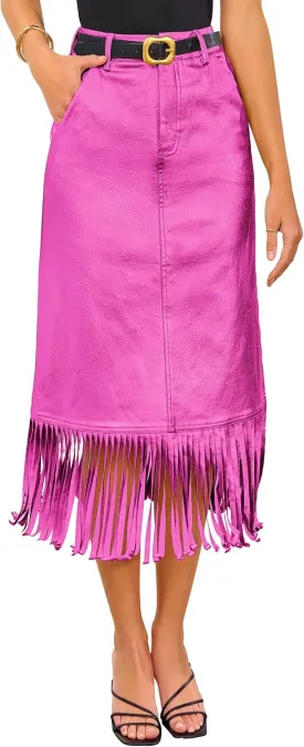 PRETTYGARDEN Women's Metallic Midi Party Skirt Casual High Waisted Fringe Shiny Y2K Long Pencil Skirts Fall Clothes