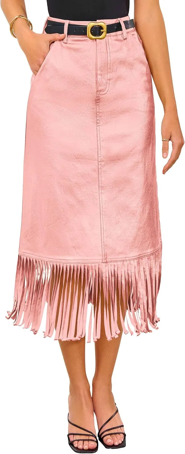 PRETTYGARDEN Women's Metallic Midi Party Skirt Casual High Waisted Fringe Shiny Y2K Long Pencil Skirts Fall Clothes
