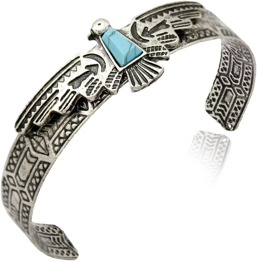 Q&Q Fashion Silver Plated Vintage Tribal Southwest Turkey Eagle Blue Stone Aztec Cowgirl Bracelet Bangle Cuff