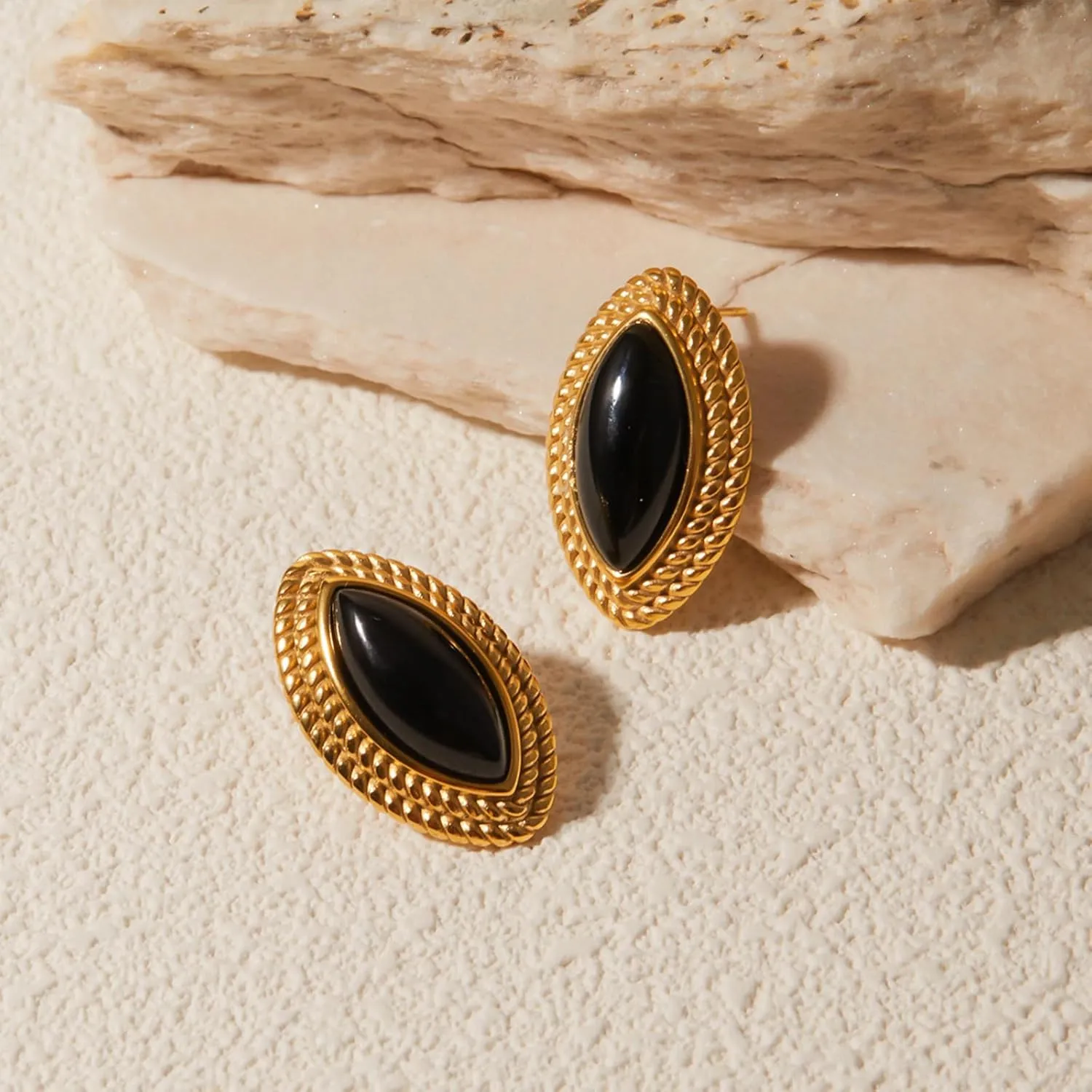 RAUCHBE Big Chunky Gold Earrings for Women Vintage Black Oval Earring Onyx Statement Earrings Trendy Jewelry