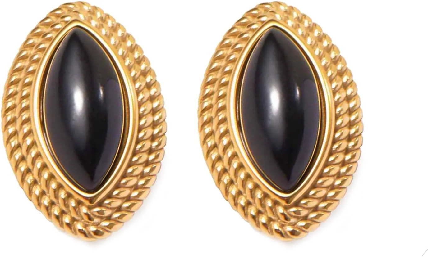 RAUCHBE Big Chunky Gold Earrings for Women Vintage Black Oval Earring Onyx Statement Earrings Trendy Jewelry