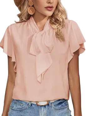 Rooscier Women's Bow Tie Neck Ruffle Short Sleeve Vintage Retro Work Blouse Top