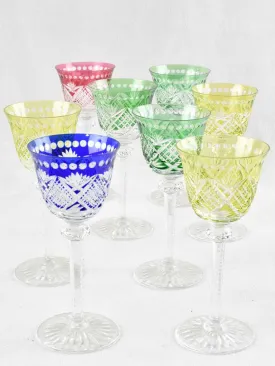Set of 8 vintage multi color crystal wine glasses 8"