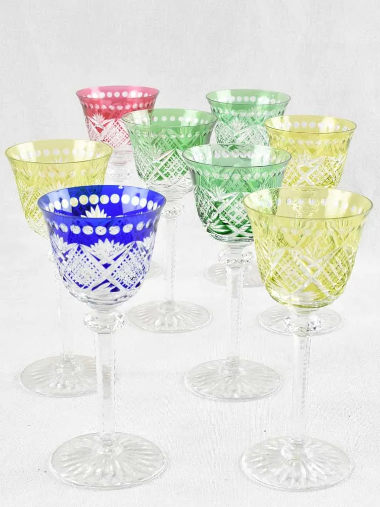 Set of 8 vintage multi color crystal wine glasses 8"