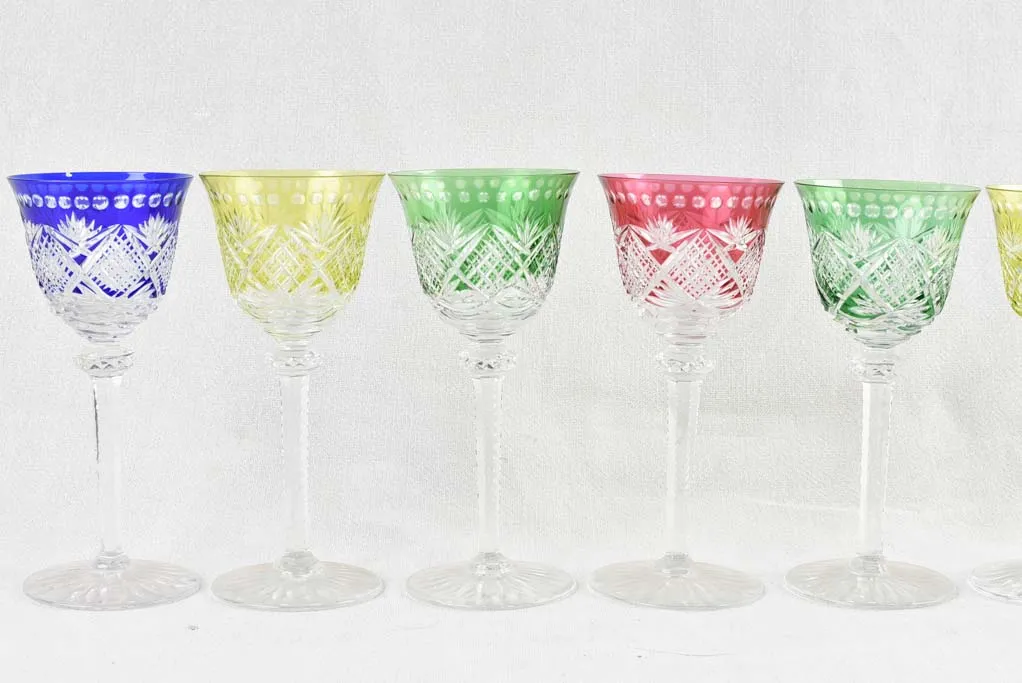 Set of 8 vintage multi color crystal wine glasses 8"