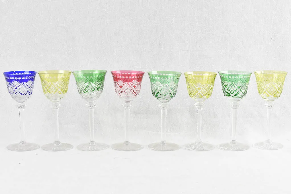 Set of 8 vintage multi color crystal wine glasses 8"