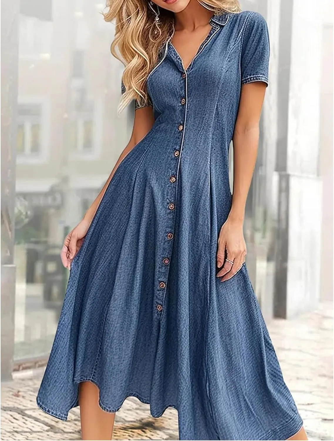 Sexyshine Women's Button Down Denim Shirt Dress Summer Short Sleeve Lapel V Neck Tunic A Line Swing Pleated Maxi Dress