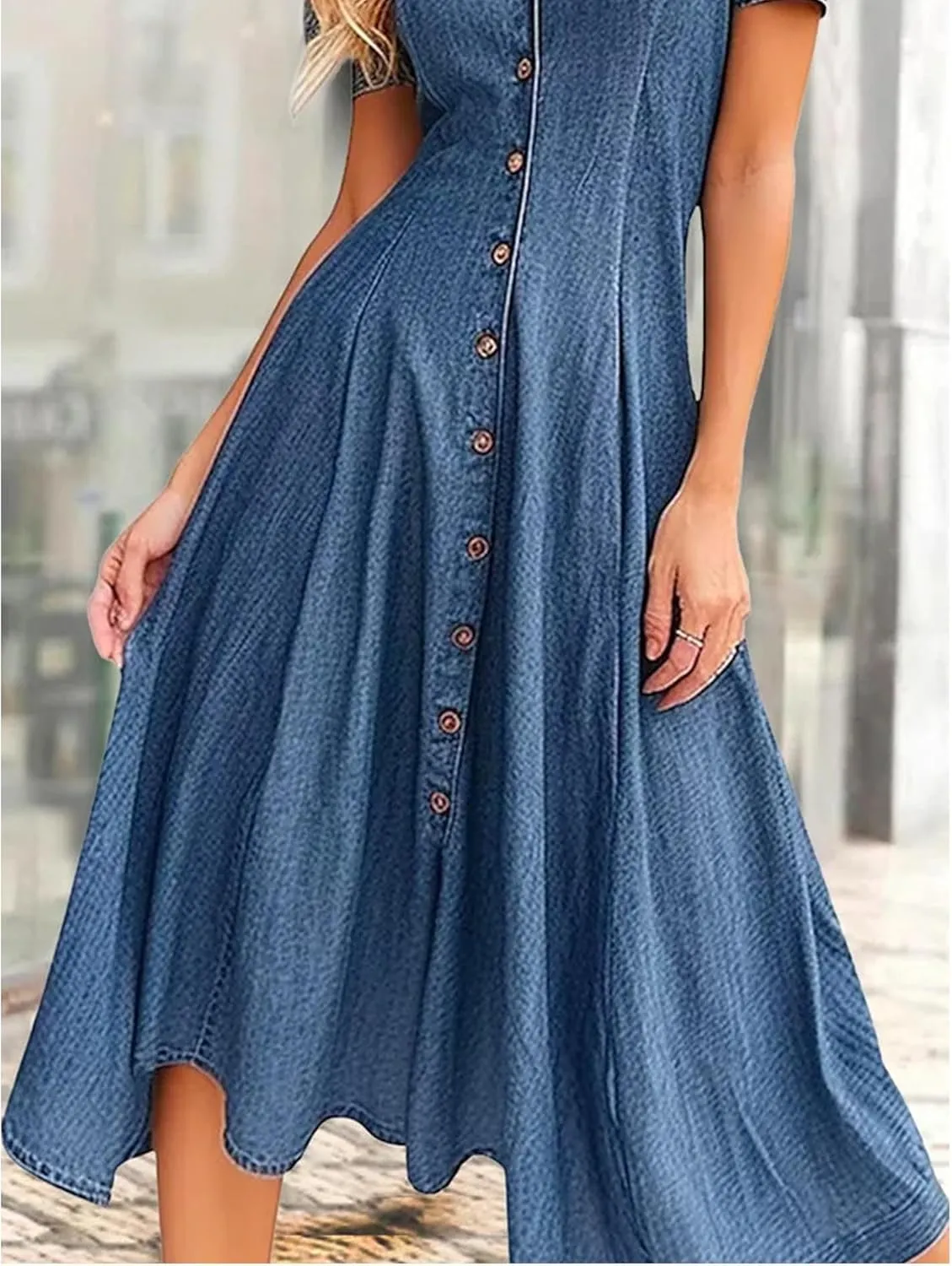 Sexyshine Women's Button Down Denim Shirt Dress Summer Short Sleeve Lapel V Neck Tunic A Line Swing Pleated Maxi Dress