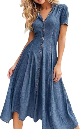 Sexyshine Women's Button Down Denim Shirt Dress Summer Short Sleeve Lapel V Neck Tunic A Line Swing Pleated Maxi Dress
