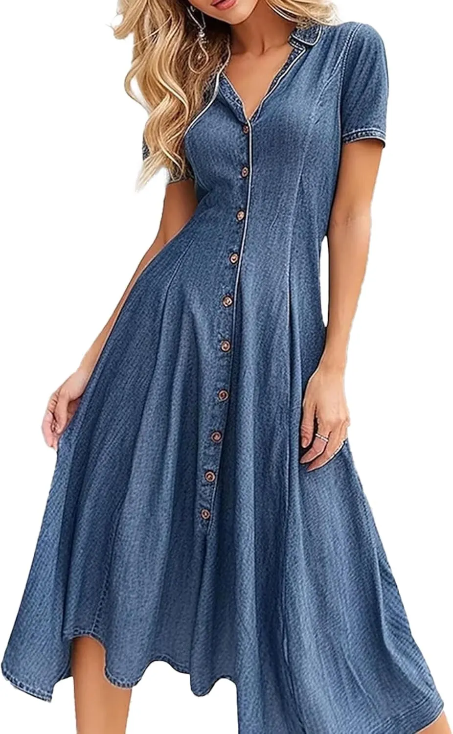 Sexyshine Women's Button Down Denim Shirt Dress Summer Short Sleeve Lapel V Neck Tunic A Line Swing Pleated Maxi Dress