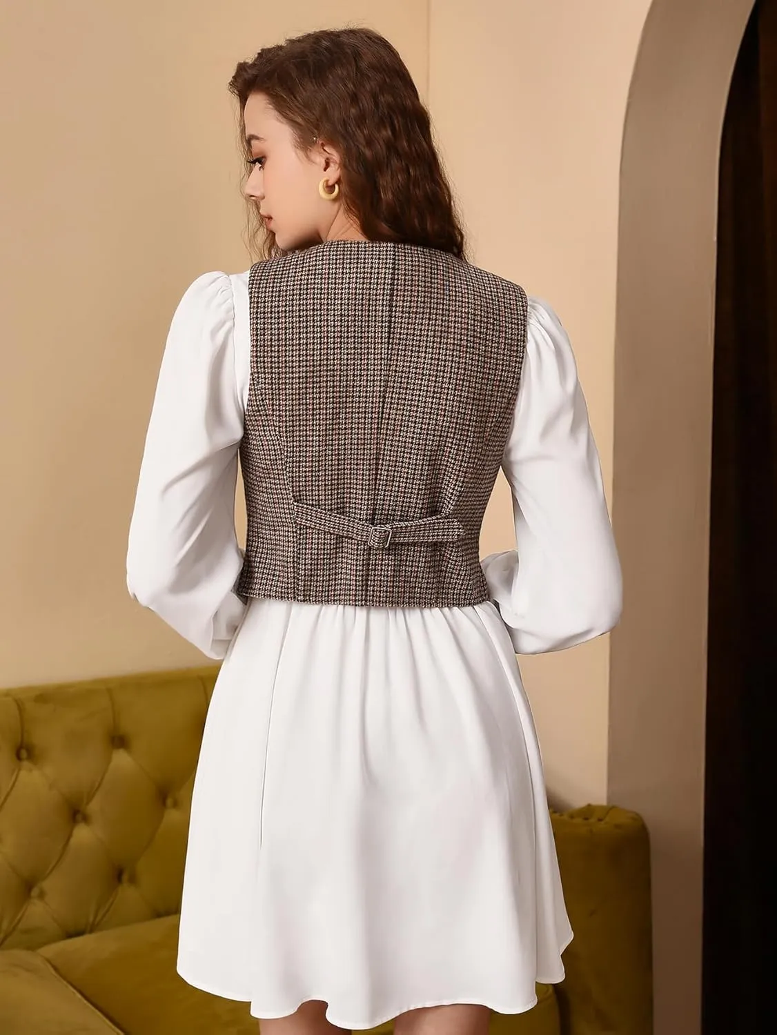 SHENHE Women's Vintage Plaid Vest Button Up Houndstooth Business Work Dress Vest Top