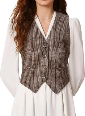 SHENHE Women's Vintage Plaid Vest Button Up Houndstooth Business Work Dress Vest Top