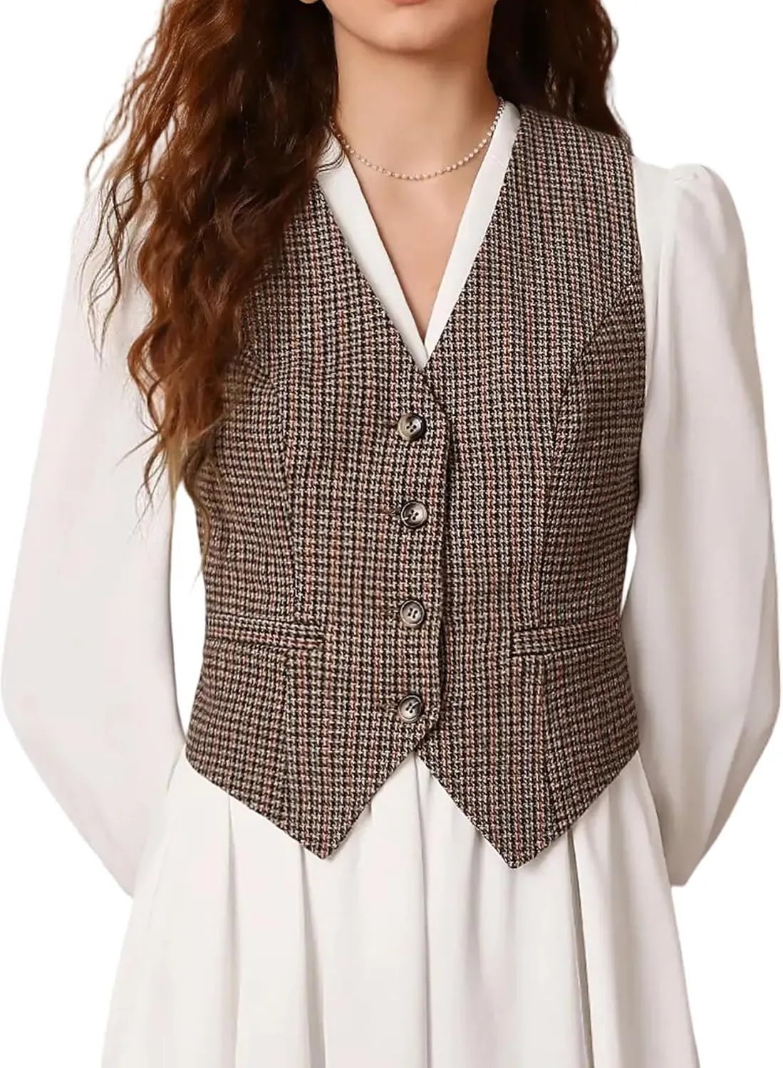SHENHE Women's Vintage Plaid Vest Button Up Houndstooth Business Work Dress Vest Top
