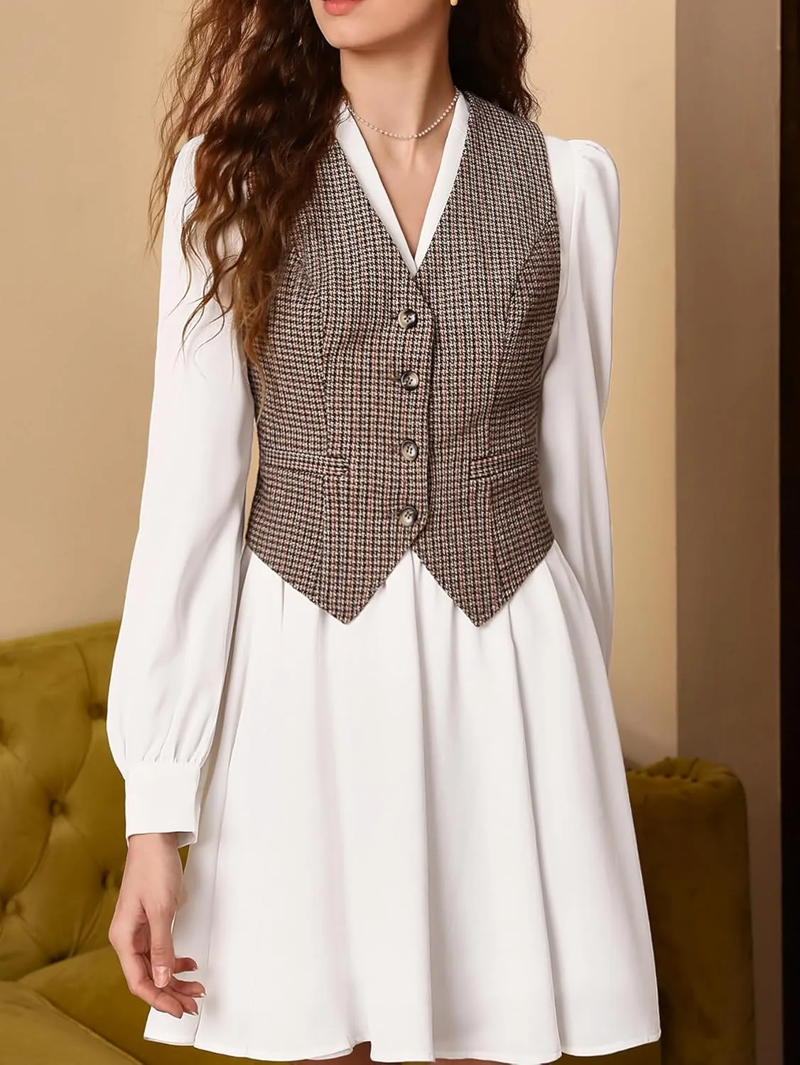 SHENHE Women's Vintage Plaid Vest Button Up Houndstooth Business Work Dress Vest Top