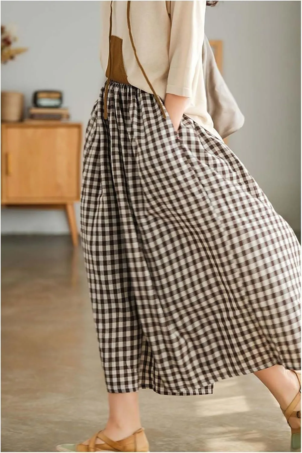 SOMTHRON Women's Summer Cotton Linen Wide Leg Culottes Pants Elastic Waist Plaid Gingham Capri Palazzo Pants
