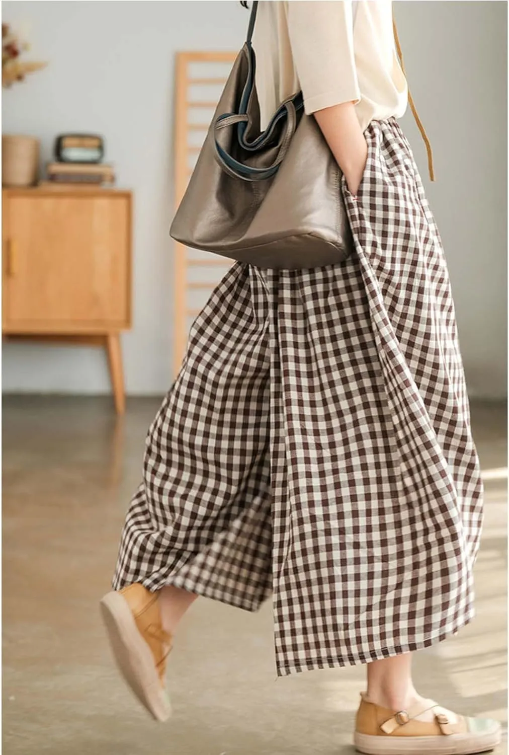 SOMTHRON Women's Summer Cotton Linen Wide Leg Culottes Pants Elastic Waist Plaid Gingham Capri Palazzo Pants