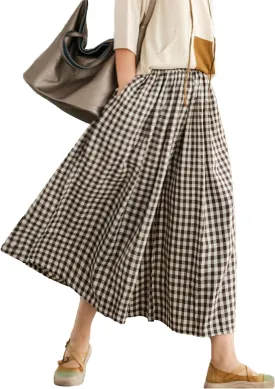 SOMTHRON Women's Summer Cotton Linen Wide Leg Culottes Pants Elastic Waist Plaid Gingham Capri Palazzo Pants