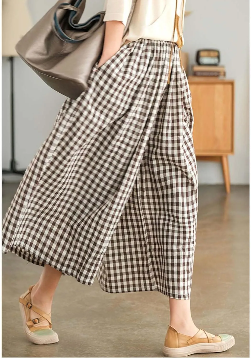 SOMTHRON Women's Summer Cotton Linen Wide Leg Culottes Pants Elastic Waist Plaid Gingham Capri Palazzo Pants