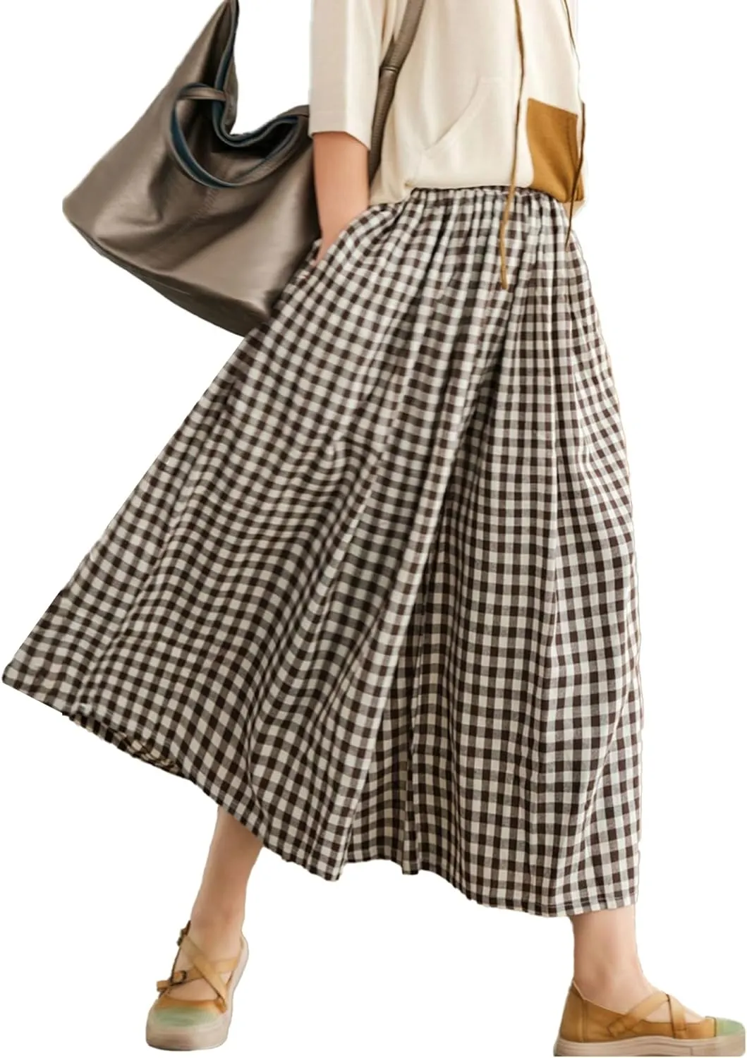 SOMTHRON Women's Summer Cotton Linen Wide Leg Culottes Pants Elastic Waist Plaid Gingham Capri Palazzo Pants