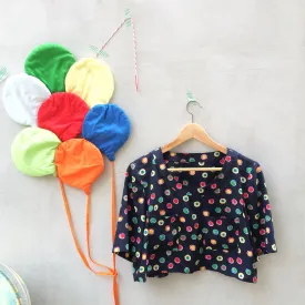 Spot me! | Vintage 1980s dark blue cropped top with Colorful Polka Dots