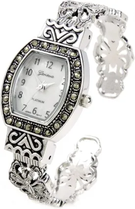 STC Silver Black Vintage Style Marcasite Rectangle Face Bangle Cuff Watch for Women