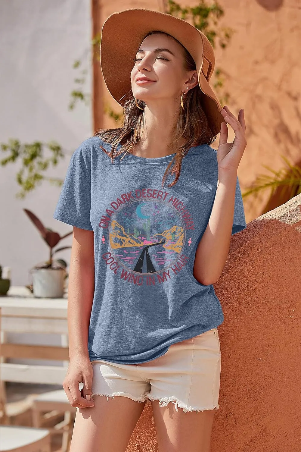 TAOHONG Adventure Shirts Women Retro Desert Highway T-Shirt Funny Nature Graphic Tee Casual Short Sleeve Tee Tops