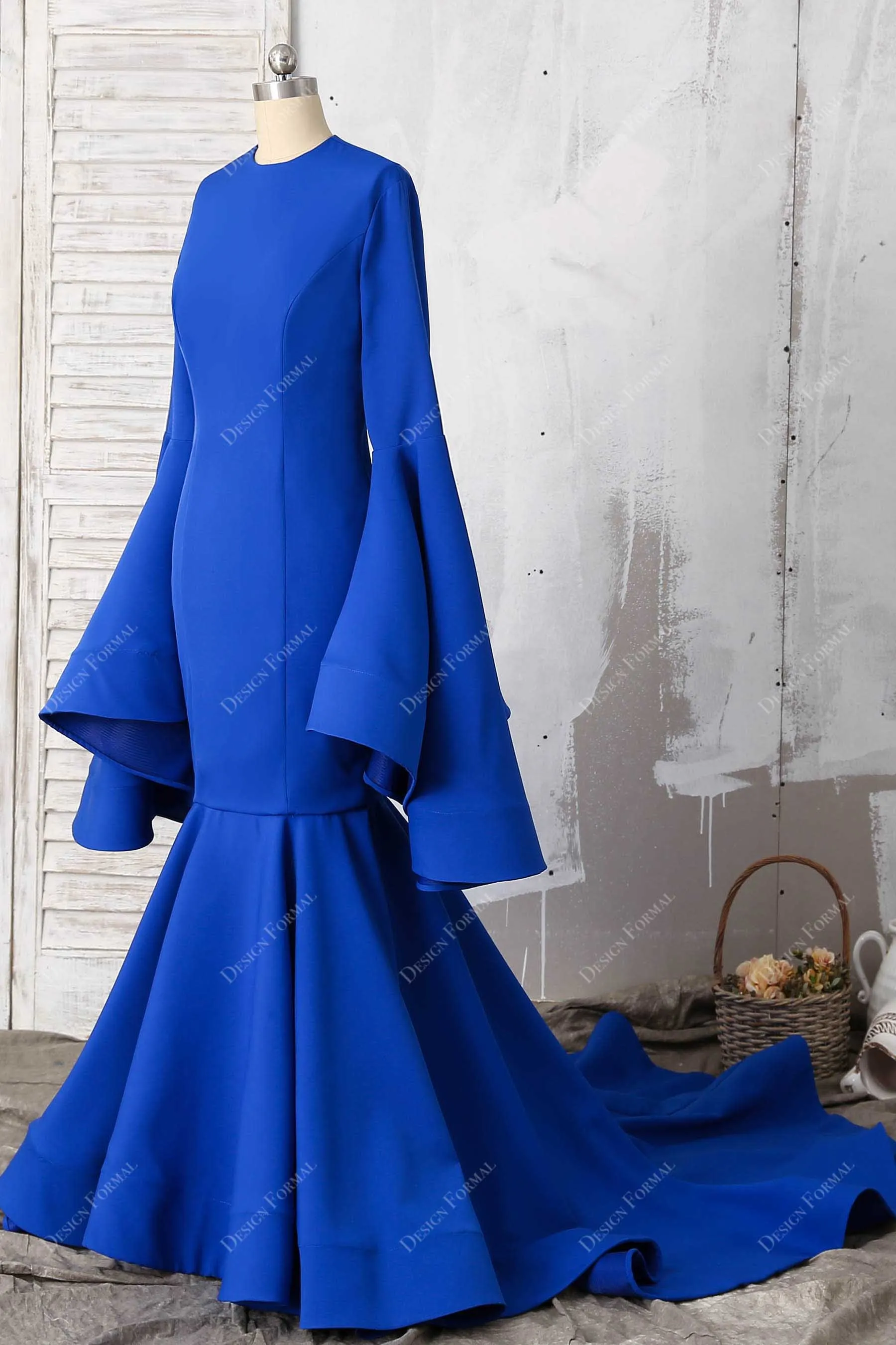 Unique Inspired Bell Sleeve Royal Blue Trumpet Dress