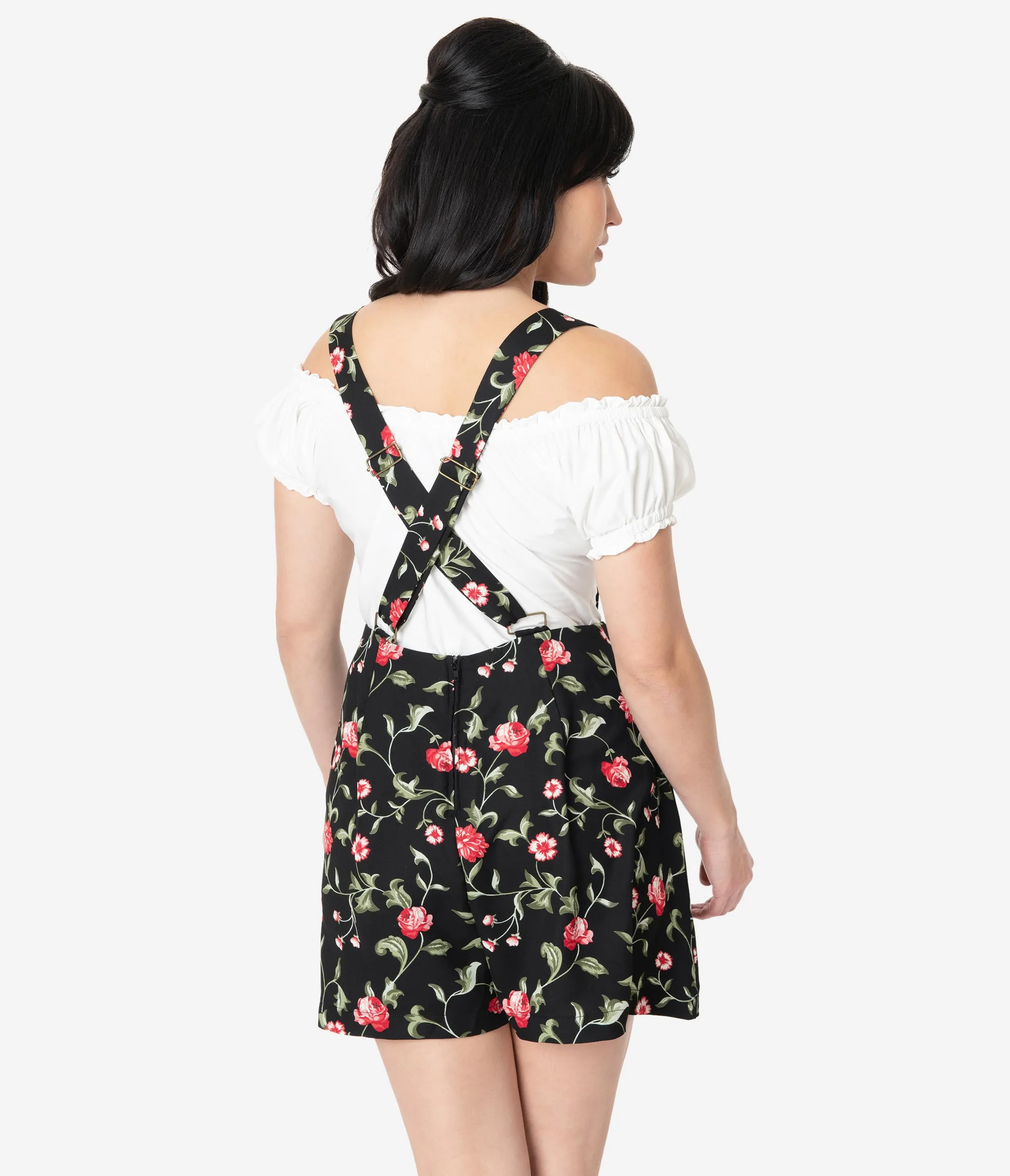 Unique Vintage 1970s Black & Red Floral Geena Pinafore Shorts