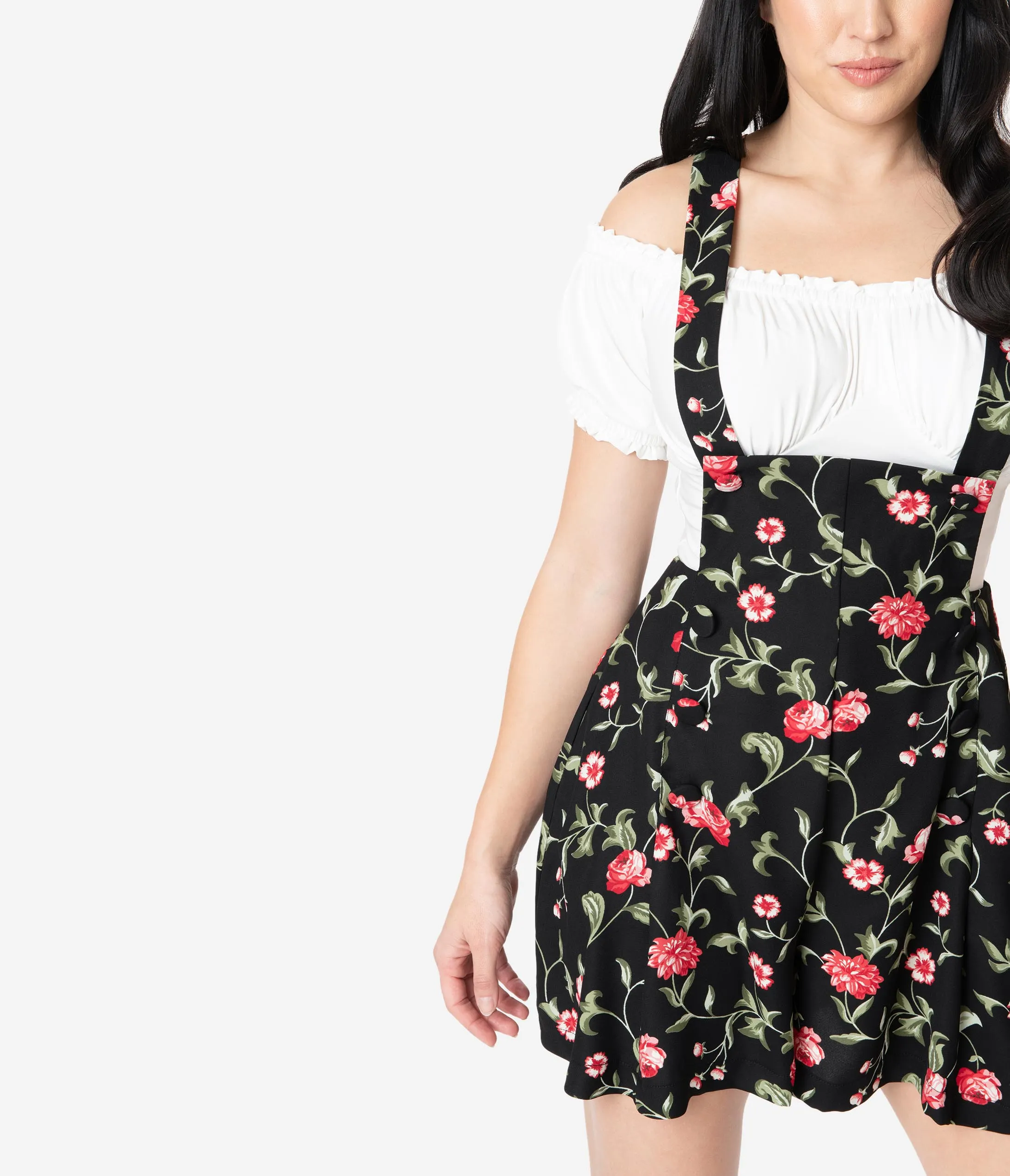 Unique Vintage 1970s Black & Red Floral Geena Pinafore Shorts