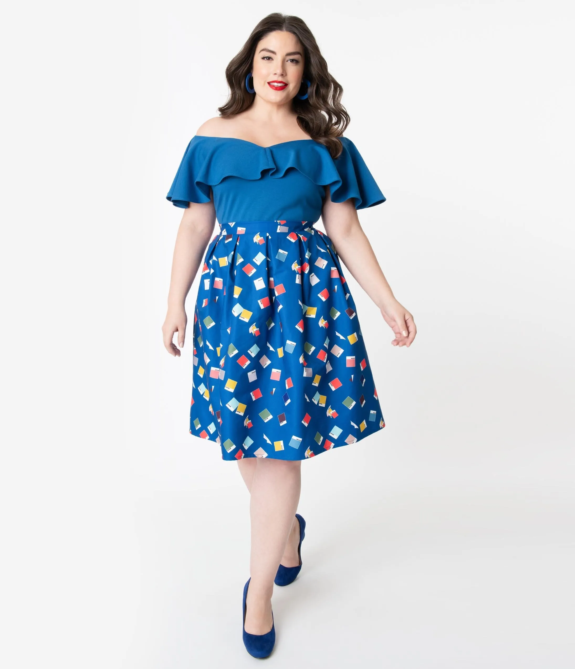 Unique Vintage   Pantone Plus Size Classic Blue Color Chips Print Jayne Swing Skirt