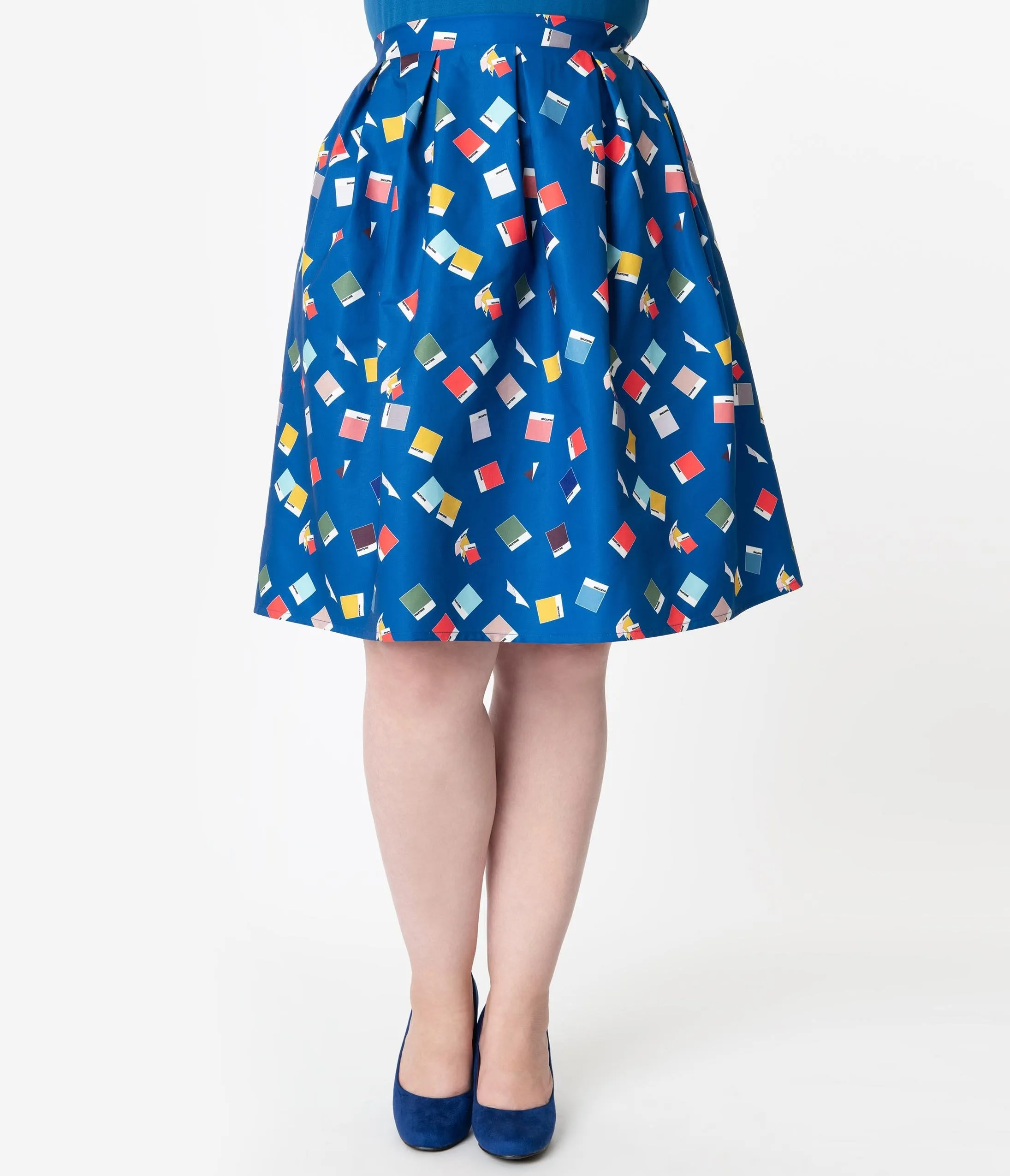 Unique Vintage   Pantone Plus Size Classic Blue Color Chips Print Jayne Swing Skirt