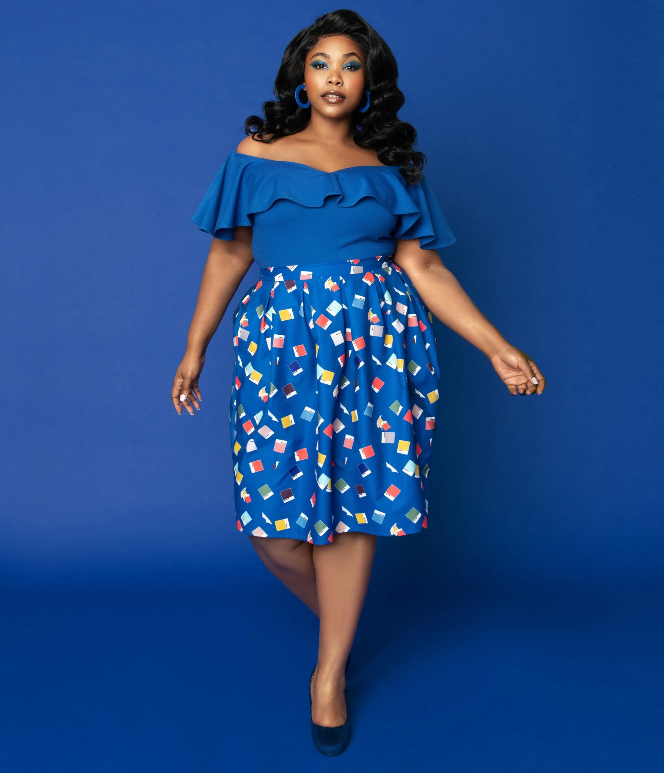 Unique Vintage   Pantone Plus Size Classic Blue Color Chips Print Jayne Swing Skirt