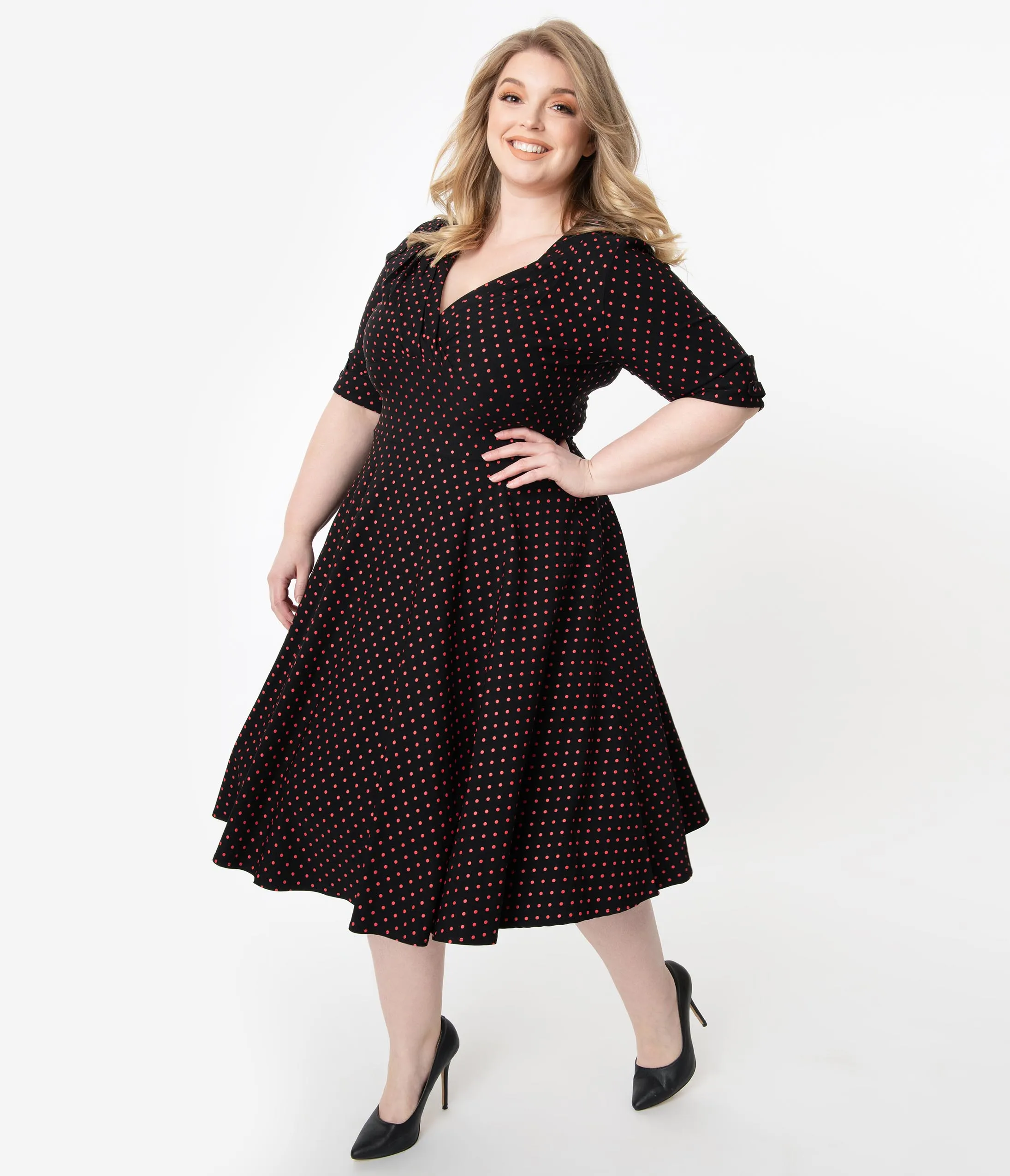 Unique Vintage Plus Size 1950s Black & Red Pin Dot Delores Swing Dress with Sleeves