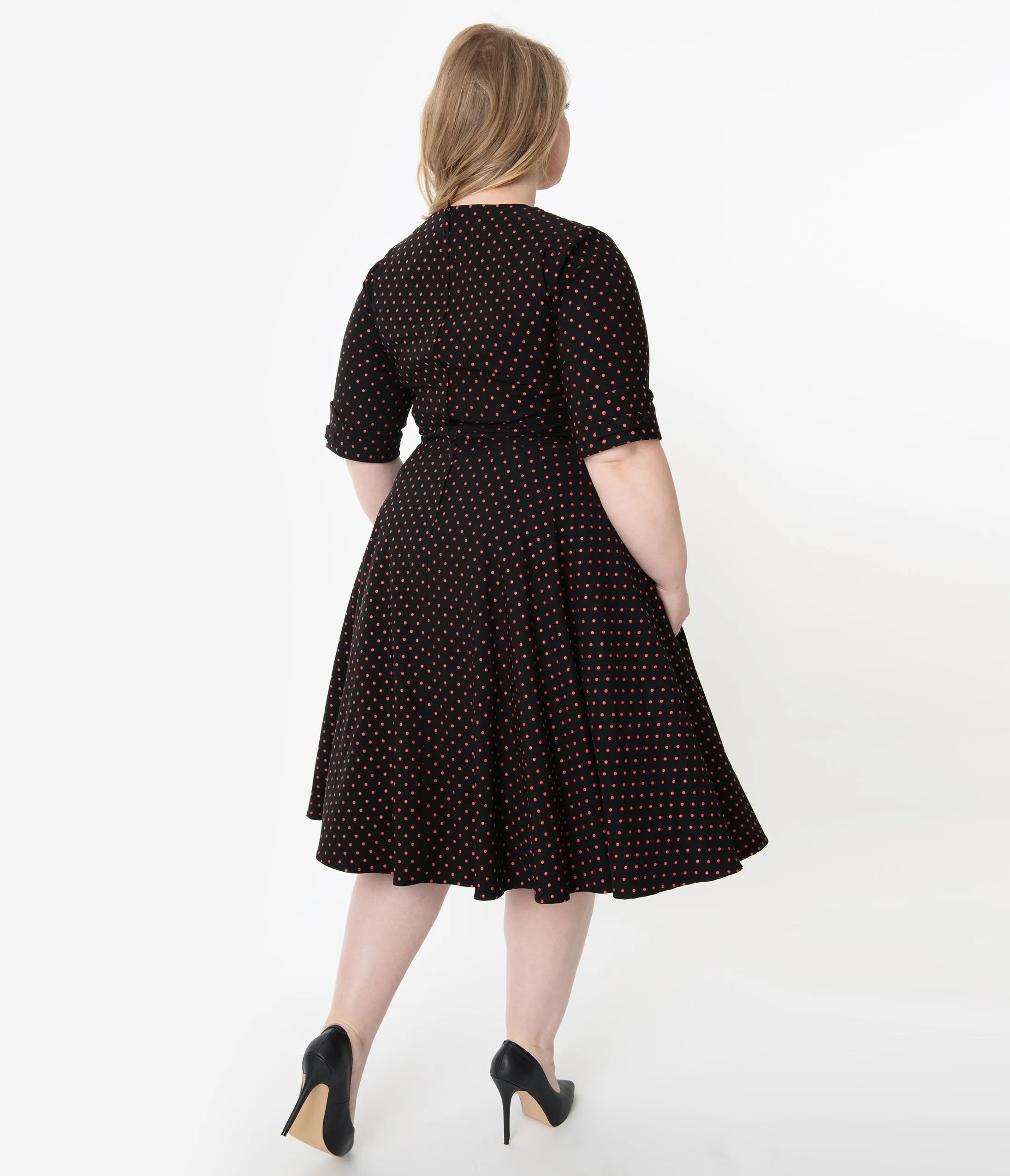 Unique Vintage Plus Size 1950s Black & Red Pin Dot Delores Swing Dress with Sleeves