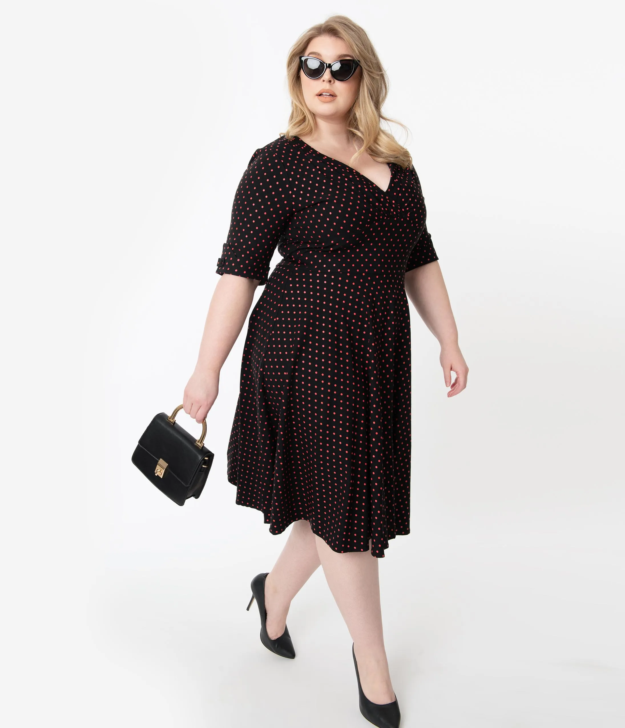 Unique Vintage Plus Size 1950s Black & Red Pin Dot Delores Swing Dress with Sleeves