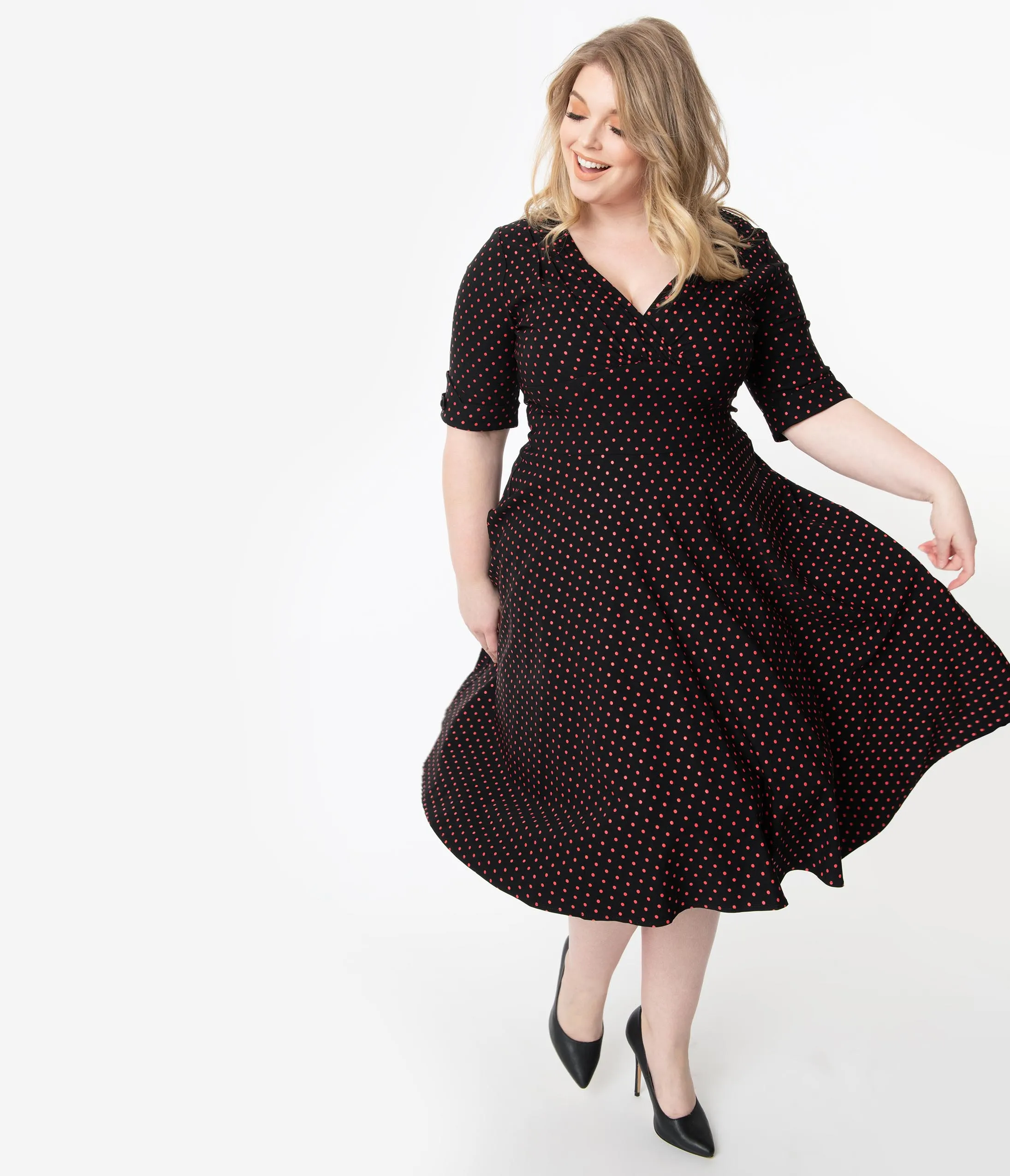 Unique Vintage Plus Size 1950s Black & Red Pin Dot Delores Swing Dress with Sleeves
