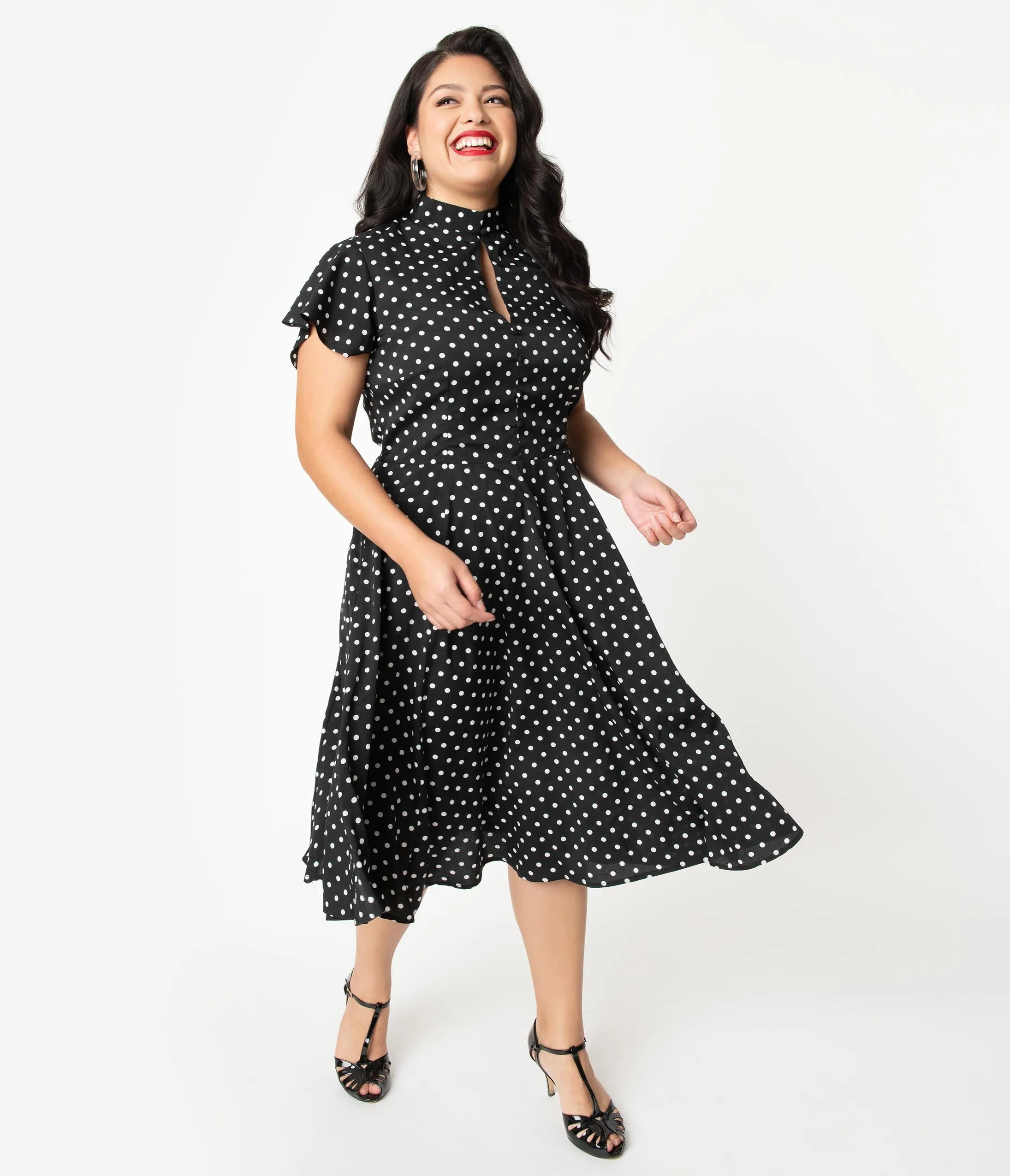 Unique Vintage Plus Size 1950s Black & White Polka Dot Baltimore Swing Dress
