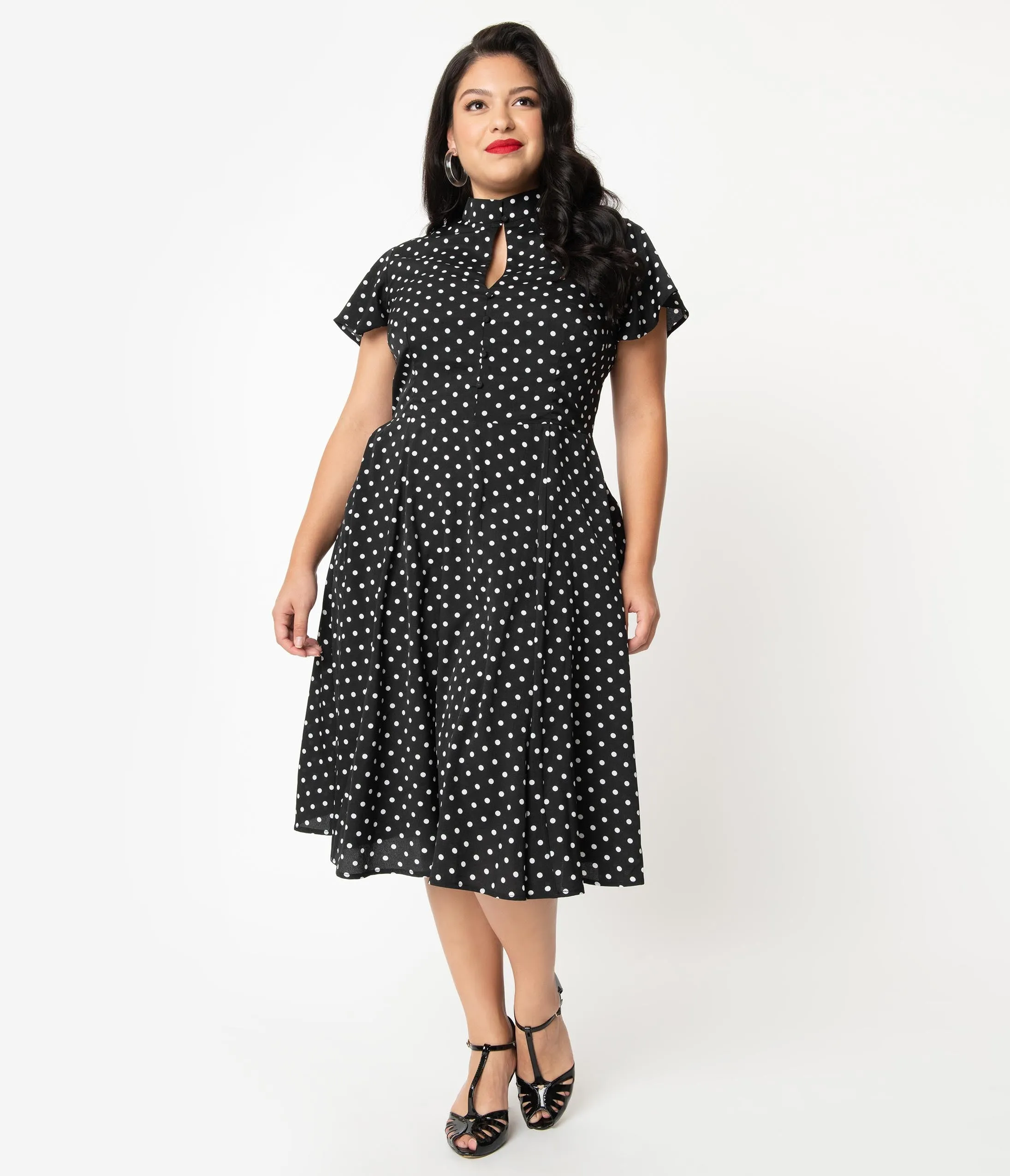 Unique Vintage Plus Size 1950s Black & White Polka Dot Baltimore Swing Dress