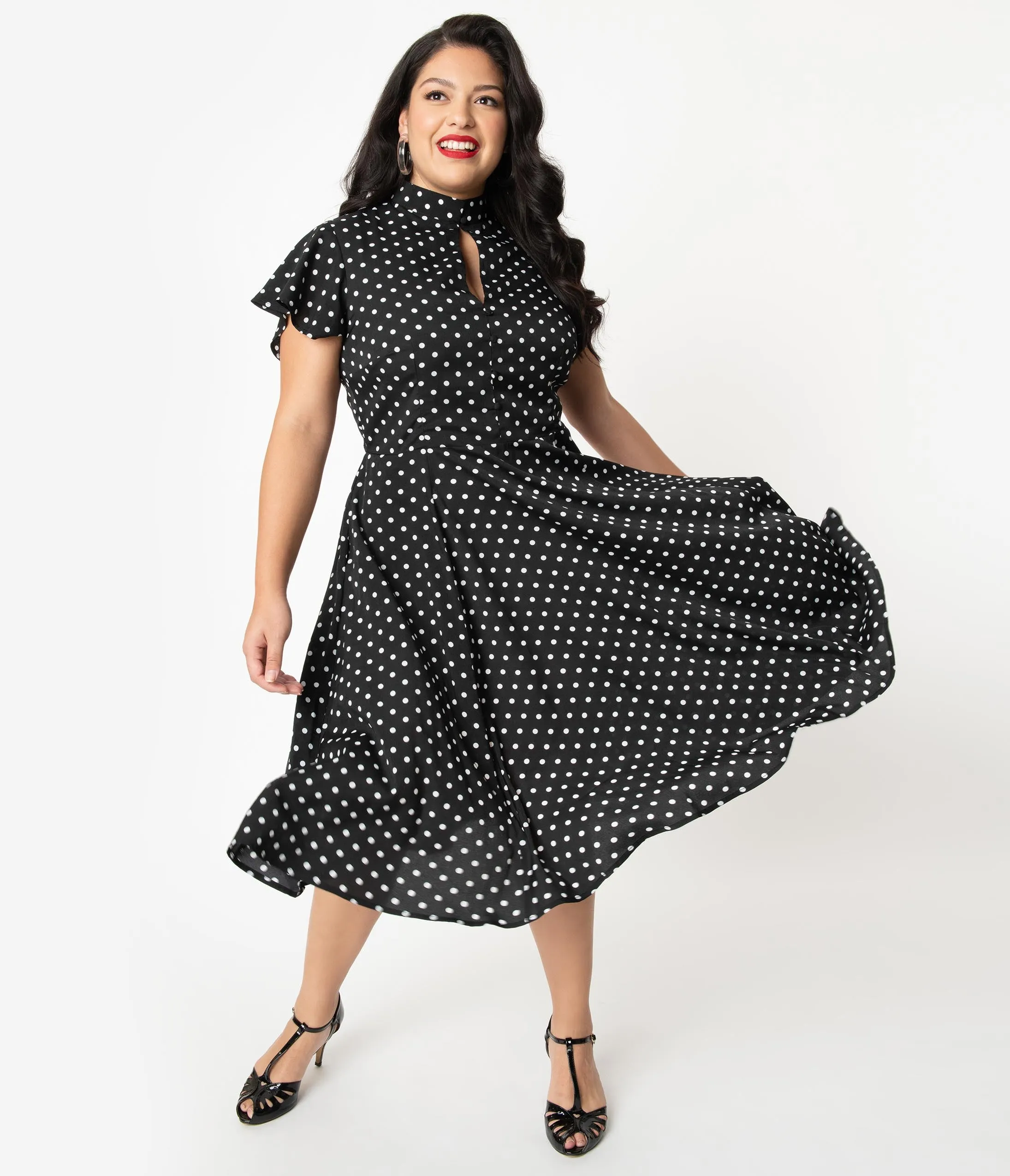 Unique Vintage Plus Size 1950s Black & White Polka Dot Baltimore Swing Dress