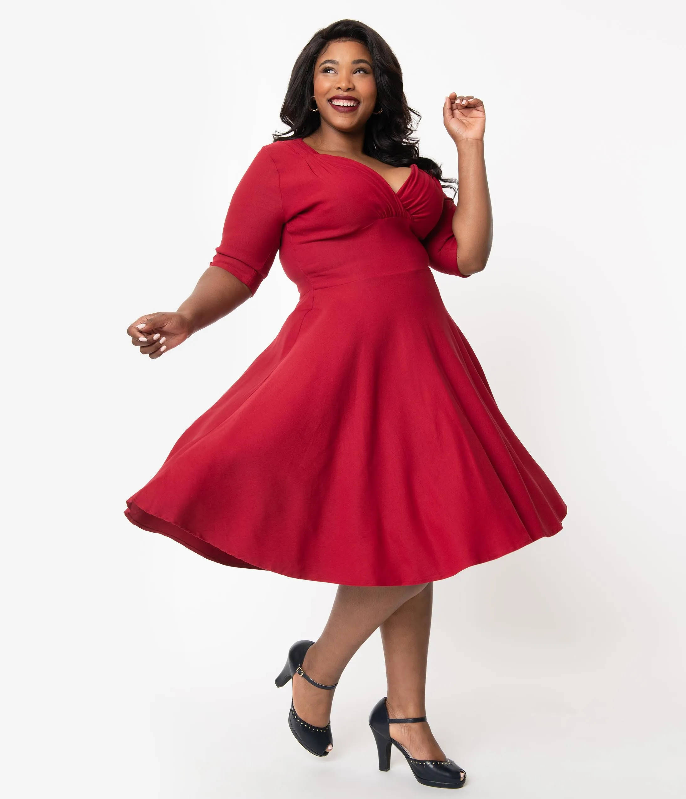 Unique Vintage Plus Size 1950s Merlot Red Delores Swing Dress with Sleeves