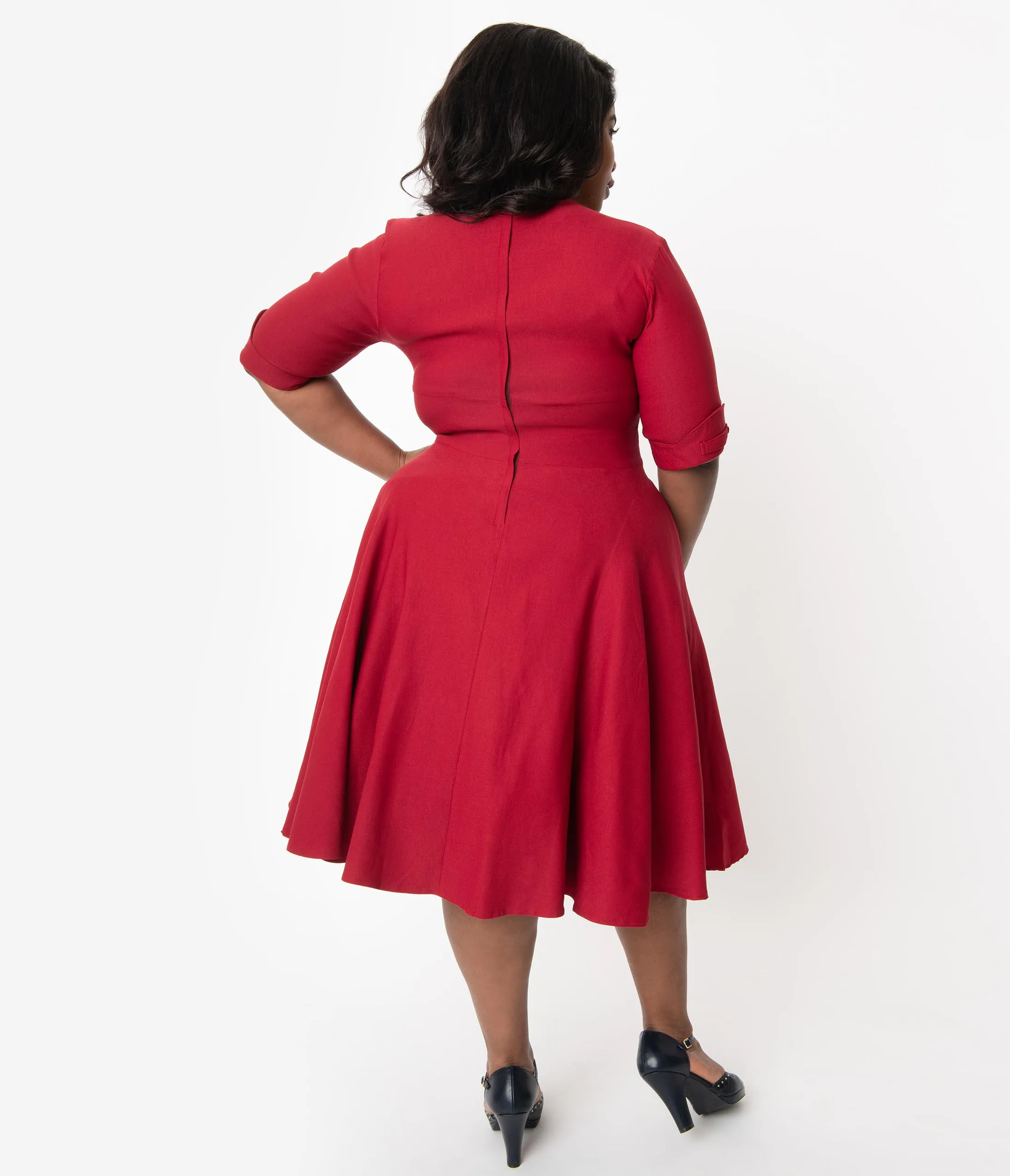 Unique Vintage Plus Size 1950s Merlot Red Delores Swing Dress with Sleeves