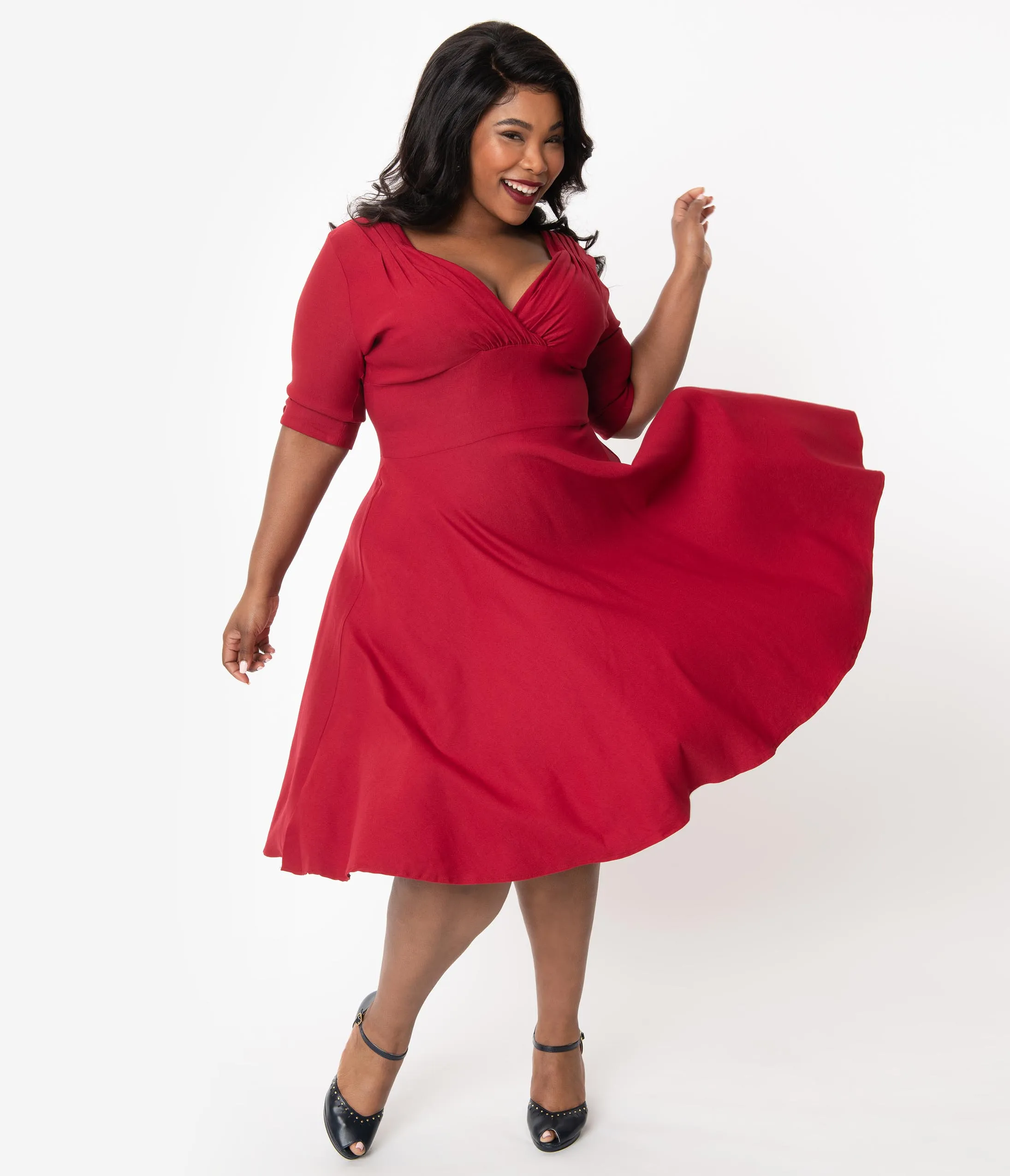 Unique Vintage Plus Size 1950s Merlot Red Delores Swing Dress with Sleeves