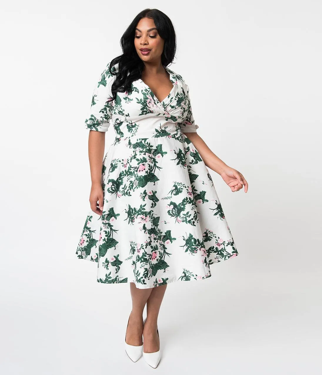 Unique Vintage Plus Size 1950s White & Pink Briar Rose Print Delores Swing Dress with Sleeves