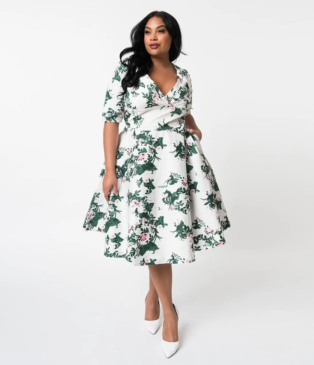 Unique Vintage Plus Size 1950s White & Pink Briar Rose Print Delores Swing Dress with Sleeves