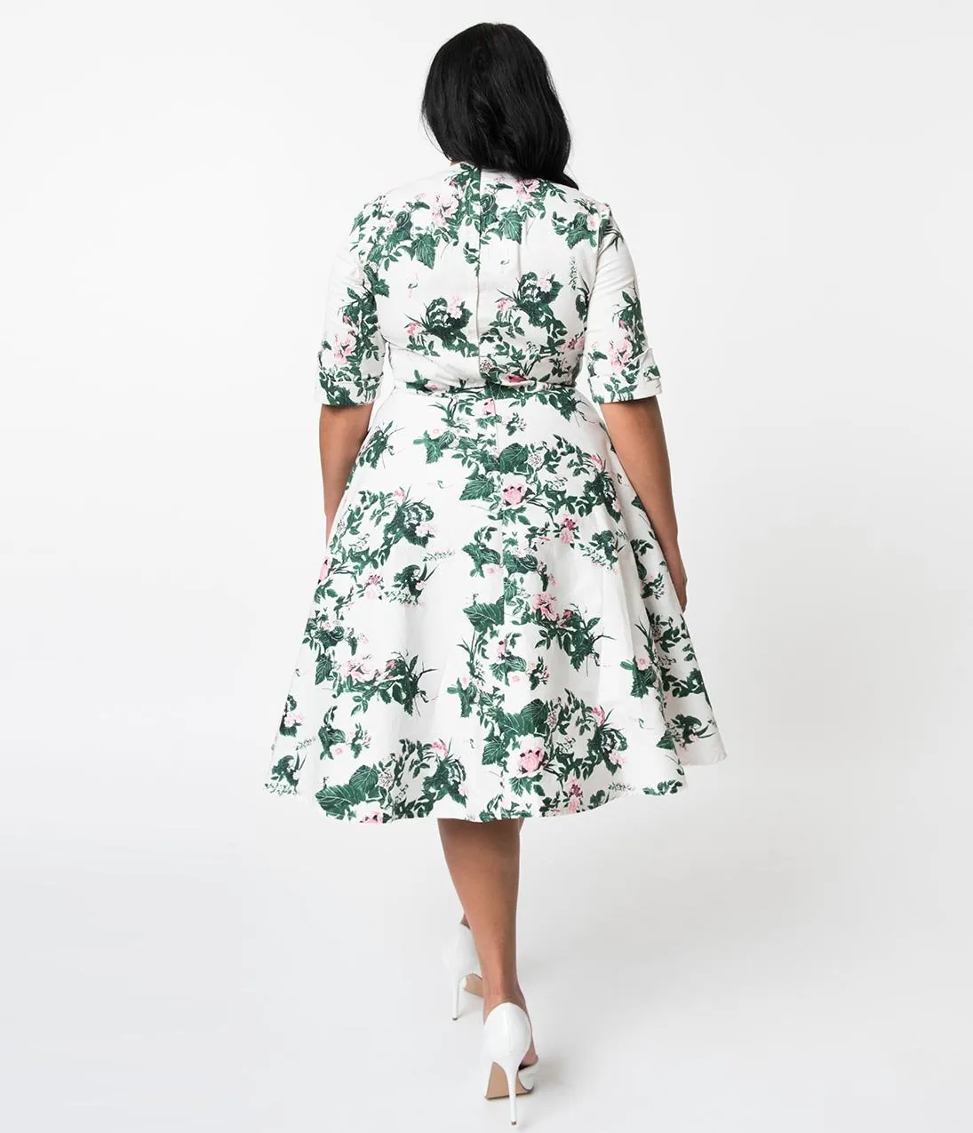 Unique Vintage Plus Size 1950s White & Pink Briar Rose Print Delores Swing Dress with Sleeves